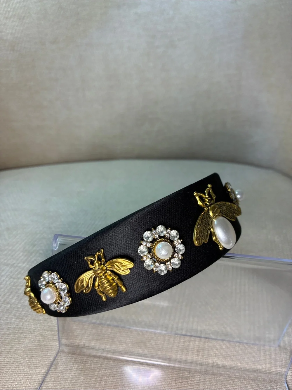 Source Unknown Black Satin Headband with Gold Bee and Pearl Details